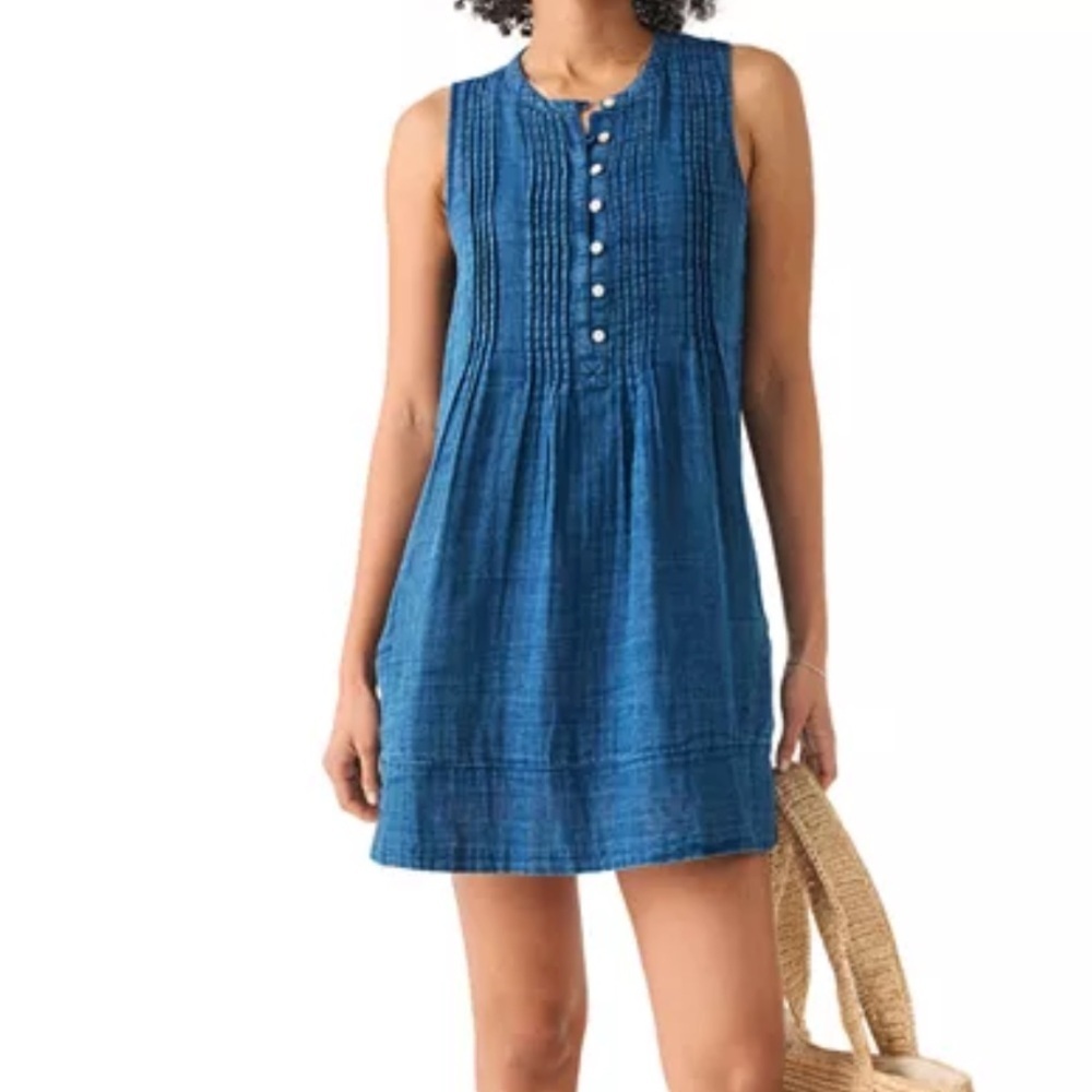 Faherty Isha linen Pintuck Dress Sleeveless Indigo $168